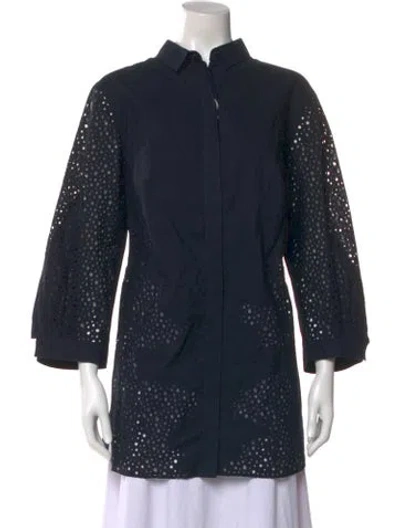 Pre-owned Akris Punto Lace Pattern Three-quarter Sleeve Blouse In Blue