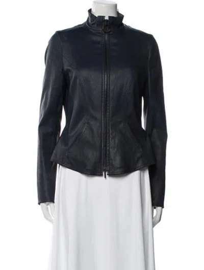 Pre-owned Akris Punto Lamb Leather Biker Jacket In Blue