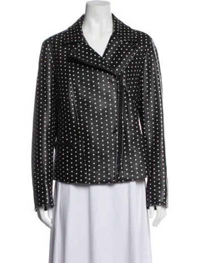Pre-owned Akris Punto Lamb Leather Polka Dot Print Biker Jacket In Black