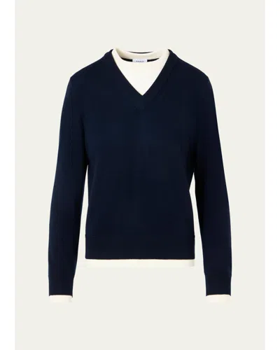 Akris Punto Layered Wool-cashmere Sweater In Navy/cream