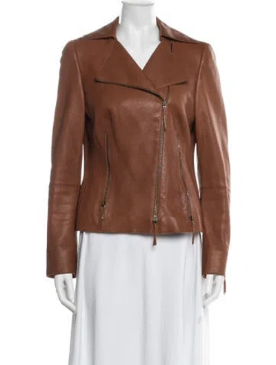 Pre-owned Akris Punto Leather Biker Jacket In Brown