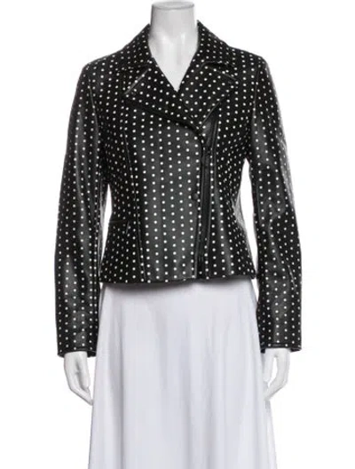 Pre-owned Akris Punto Leather Polka Dot Print Biker Jacket W/ Tags In Black/white