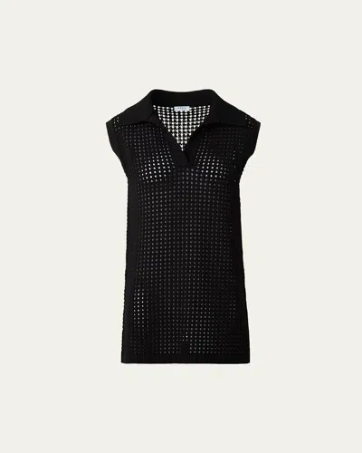 Akris Punto Long Chunky Mesh Knit Polo Top In Black