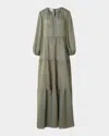 Akris Punto Long-sleeve Tiered Silk Batiste A-line Maxi Dress In Green