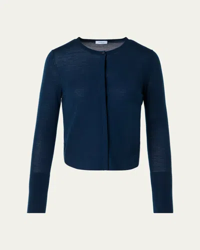 Akris Punto Merino Wool Knit Curved Crewneck Cardigan In Blue