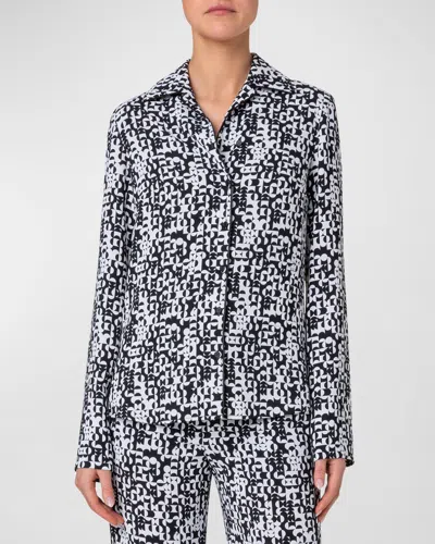 Akris Punto Mini Half Circle Grid-print Moss Crepe Blouse In Cream-black