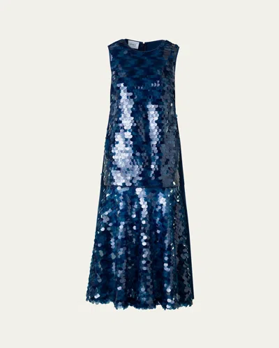 Akris Punto Mix-media Dot Sequined Flounce Midi Dress In Ink