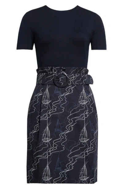 Akris Punto Mixed Media Belted Minidress In Navy-cream