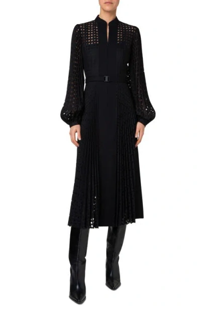 Akris Punto Mixed Media Circle Grid Pleated Long Sleeve Midi Dress In Black