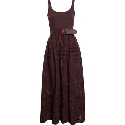 Akris Punto Mixed Media Diamond Eyelet Belted Midi Dress In Brown