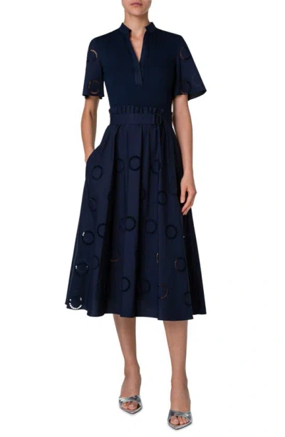 Akris Punto Mixed Media Eyelet Midi Dress In Navy | ModeSens