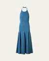 Akris Punto Mixed-media Halter Pleated Midi Dress In Medium Blue Denim