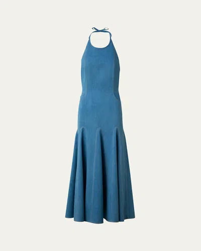 Akris Punto Mixed-media Halter Pleated Midi Dress In Medium Blue Denim