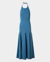 Akris Punto Mixed-media Halter Pleated Midi Dress In Medium Blue Denim