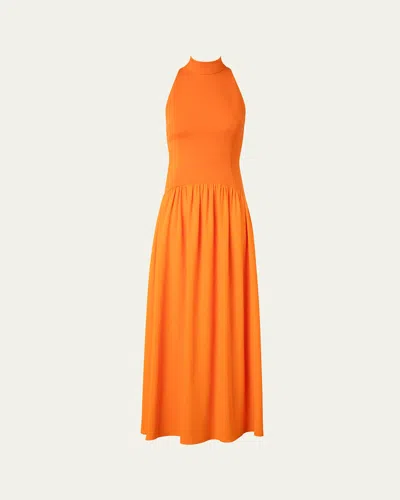 AKRIS PUNTO MIXED-MEDIA JERSEY HALTER SEERSUCKER PLEATED SKIRT DRESS