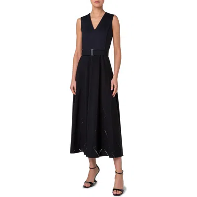 Akris Punto Mixed Media Windowpane Check Belted Midi Dress In Black