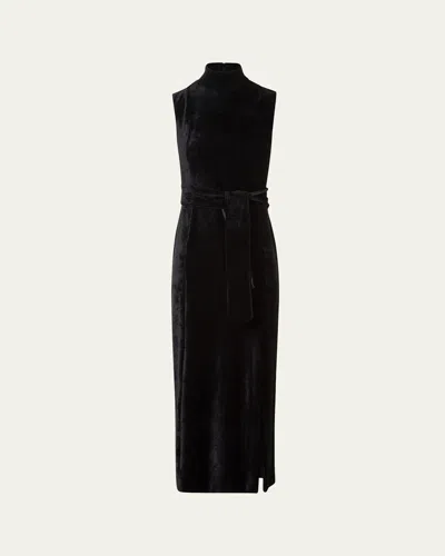 AKRIS PUNTO MOCK-NECK BELTED VELVET JERSEY MIDI DRESS
