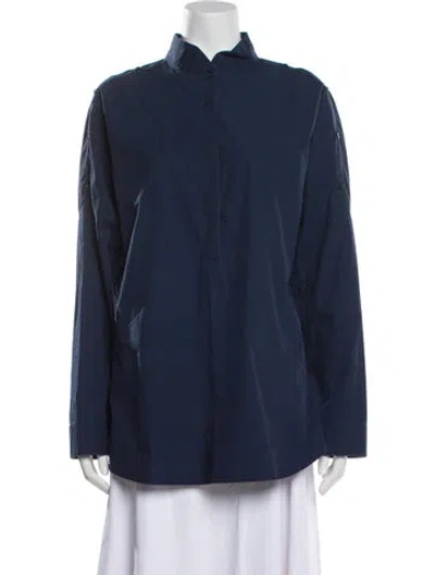 Pre-owned Akris Punto Mock Neck Long Sleeve Button-up Top In Blue