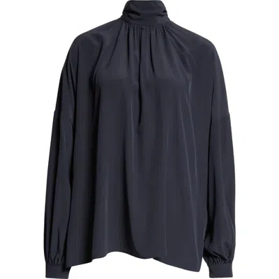 Akris Punto Mock Neck Silk Crêpe De Chine Shirt In Navy