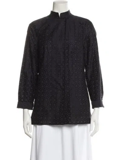 Pre-owned Akris Punto Mock Neck Three-quarter Sleeve Button-up Top In Blue