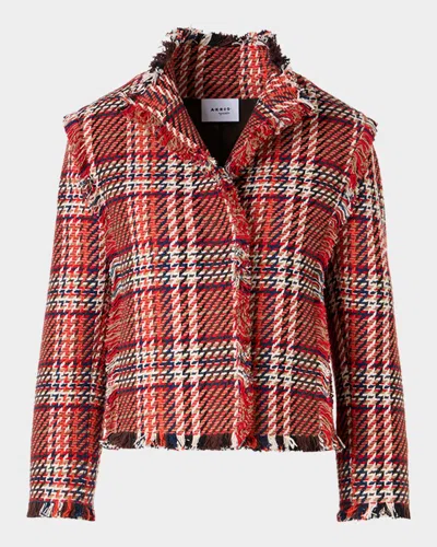 Akris Punto Multi-color Check Fringed Tweed Single-breasted Jacket In Red