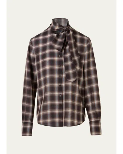 Akris Punto Multicolor Plaid Scarf-neck Button-down Blouse In Brown