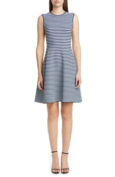 Pre-owned Akris Punto Navy Blue Cream Stripe Fit & Flare Sleeveless Sweater Dress 14 Us L In Multicolor