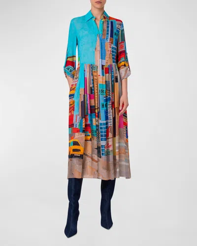 Akris Punto Nyc Paper Collage-print Long-sleeve Viscose Georgette Midi Shirtdress In Multicolor