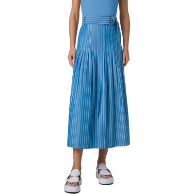 Akris Punto Pajama Stripe Belted Pleated Cotton Midi Skirt In Medium Blue-cream