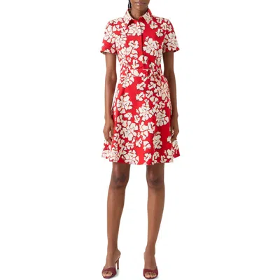 Akris Punto Papercut Flower Belted Stretch Denim Shirtdress In Red