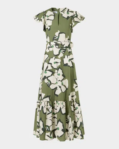 Akris Punto Papercut Flower Cotton Ruffle Belted Midi Dress In Green