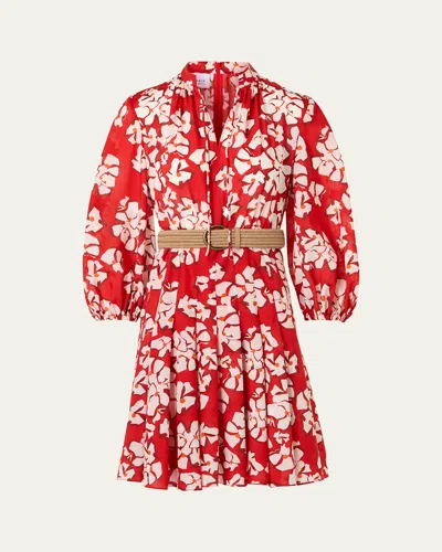 Akris Punto Papercut Flower-print Crepe Balloon-sleeve Belted Dress In Red