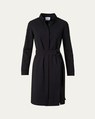 Akris Punto Pinstripe Belted Wool Shirt Dress In Black-cream