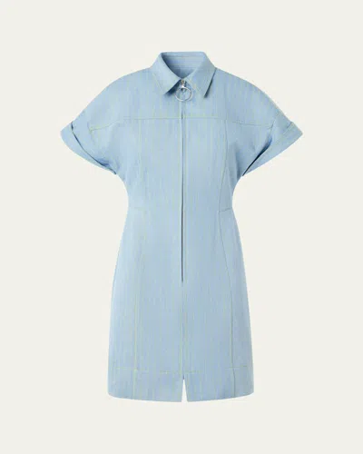 Akris Punto Pinstripe Denim Short-sleeve Zip Mini Shirtdress In Blue