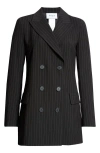 Akris Punto Pinstripe Double Breasted Wool Blend Crepe Long Blazer In Black-cream