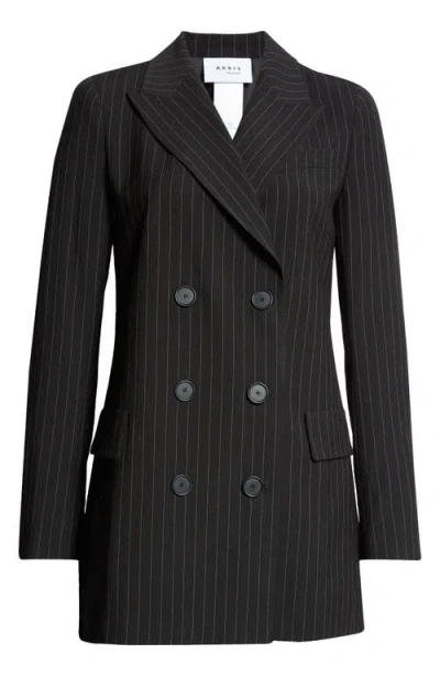 Akris Punto Pinstripe Double Breasted Wool Blend Crepe Long Blazer In Black-cream