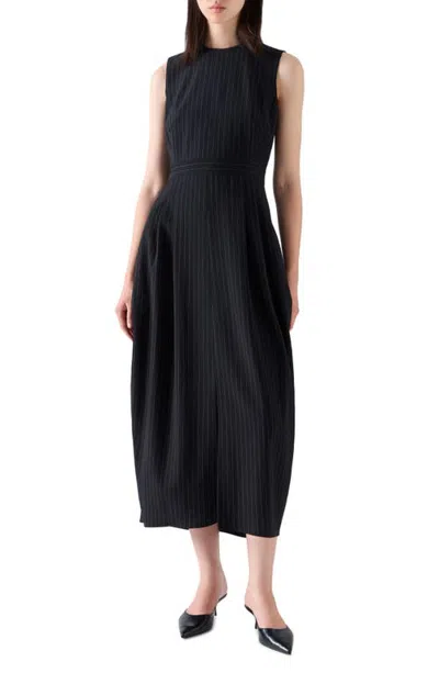 Akris Punto Pinstripe Wool Crepe Midi Dress In Black