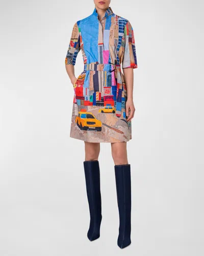 Akris Punto Placed Nyc Paper Collage Printed Shirtdress With Belt In Multicolor