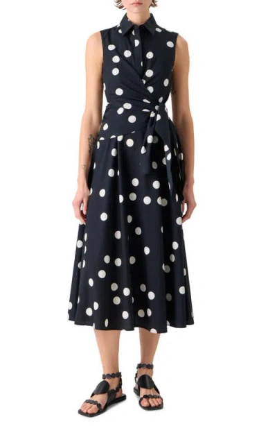 Akris Punto Polka Dot Cotton Poplin Faux Wrap Shirtdress In Black