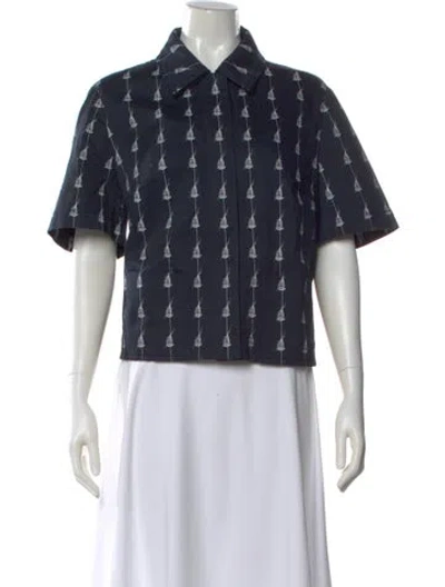 Pre-owned Akris Punto Printed Short Sleeve Button-up Top In Blue