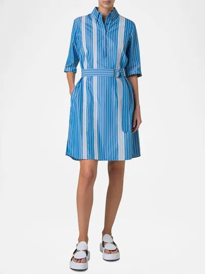 AKRIS PUNTO PYJAMA STRIPE MANDARIN COLLAR SHIRT DRESS IN MEDIUM BLUE/CREAM