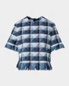 Akris Punto Rhombus Jacquard Denim Corp Blouse In Navy-sky-cream