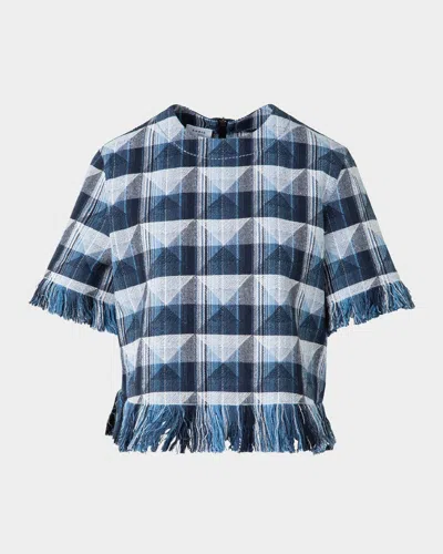Akris Punto Rhombus Jacquard Denim Corp Blouse In Navy-sky-cream