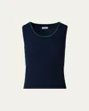 Akris Punto Ribbed Merino Wool Tank Top With Contrast Piping In Navy-sea Green