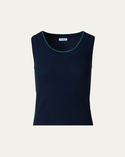 Akris Punto Ribbed Merino Wool Tank Top With Contrast Piping In Navy-sea Green