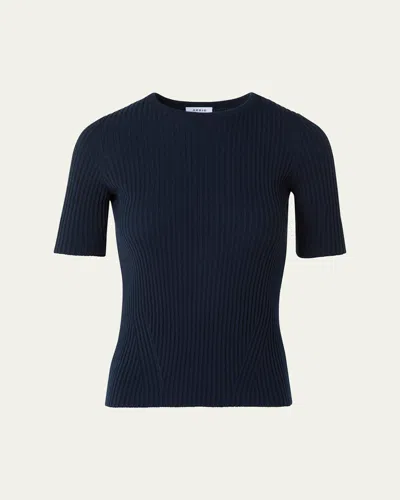Akris Punto Ribbed Short-sleeve Merino Wool Sweater In Blue