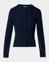 Akris Punto Ribbed Wool Cardigan With Contrast Piping In Navy-sea Green