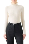 Akris Punto Ruffle Mock Neck Rib Wool Sweater In White