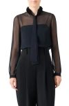 Akris Punto Ruffle Mock Neck Sheer Button-up Shirt In Black