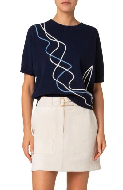 Akris Punto Sailboat Applique Short Sleeve Cashwool® Sweater In Navy